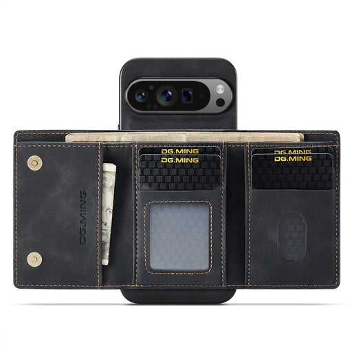DG.MING M1 Series for Google Pixel 9 Pro XL Case Kickstand PU Phone Cover with Detachable Wallet - Black - 2