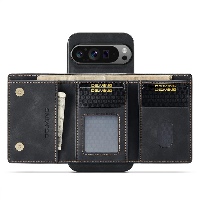 DG.MING M1 Series for Google Pixel 9 Pro XL Case Kickstand PU Phone Cover with Detachable Wallet - Black - 2