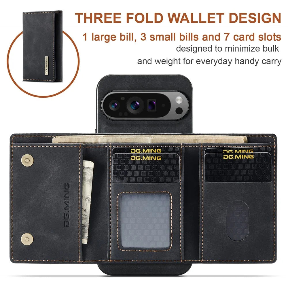 DG.MING M1 Series for Google Pixel 9 Pro XL Case Kickstand PU Phone Cover with Detachable Wallet - Black - 5