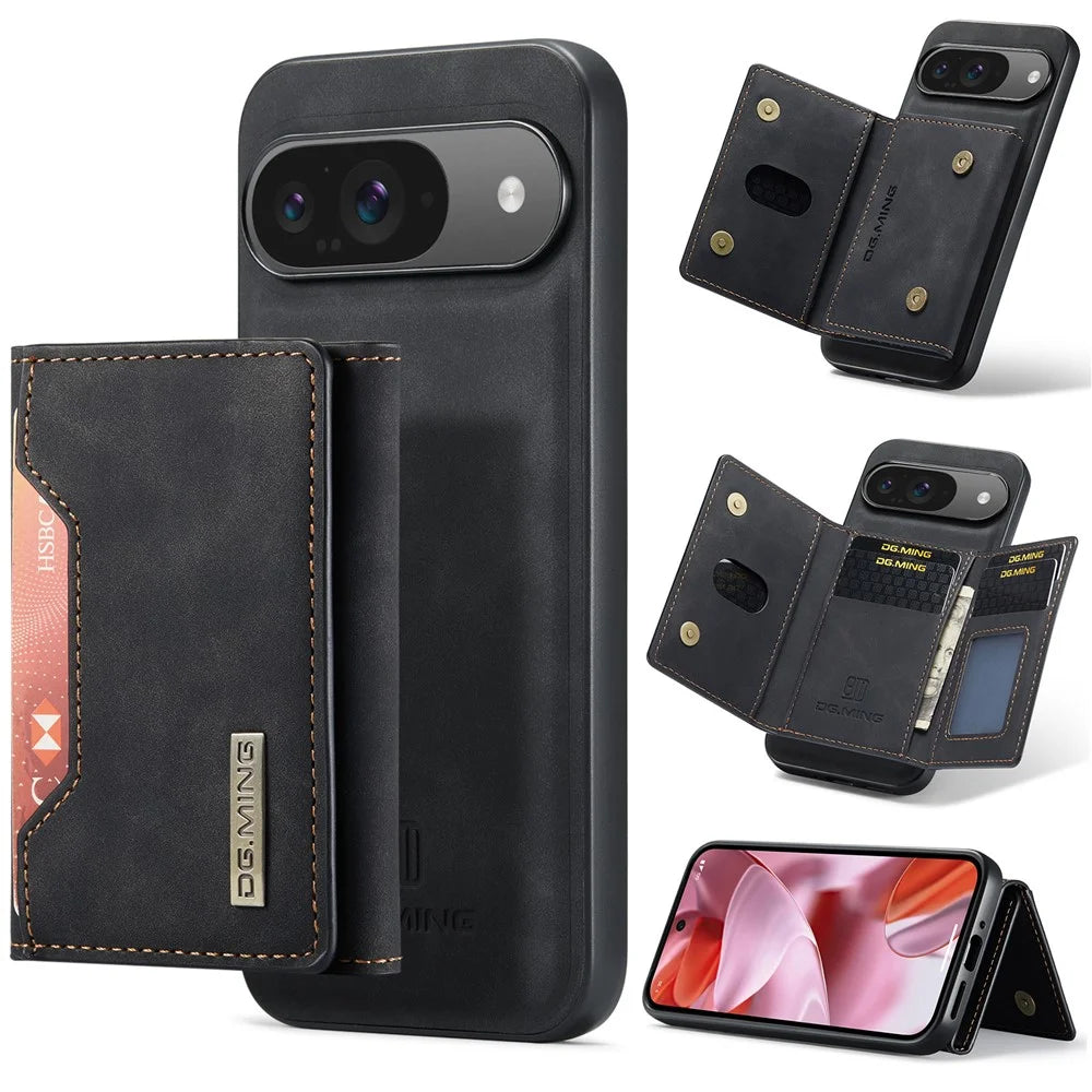 DG.MING M2 Series for Google Pixel 9 Pro / Pixel 9 Case PU+PC+TPU Phone Cover Detachable Wallet - Black - 1