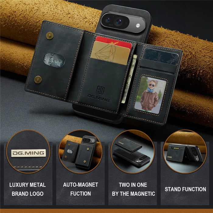 DG.MING M2 Series for Google Pixel 9 Pro / Pixel 9 Case PU+PC+TPU Phone Cover Detachable Wallet - Black - 7
