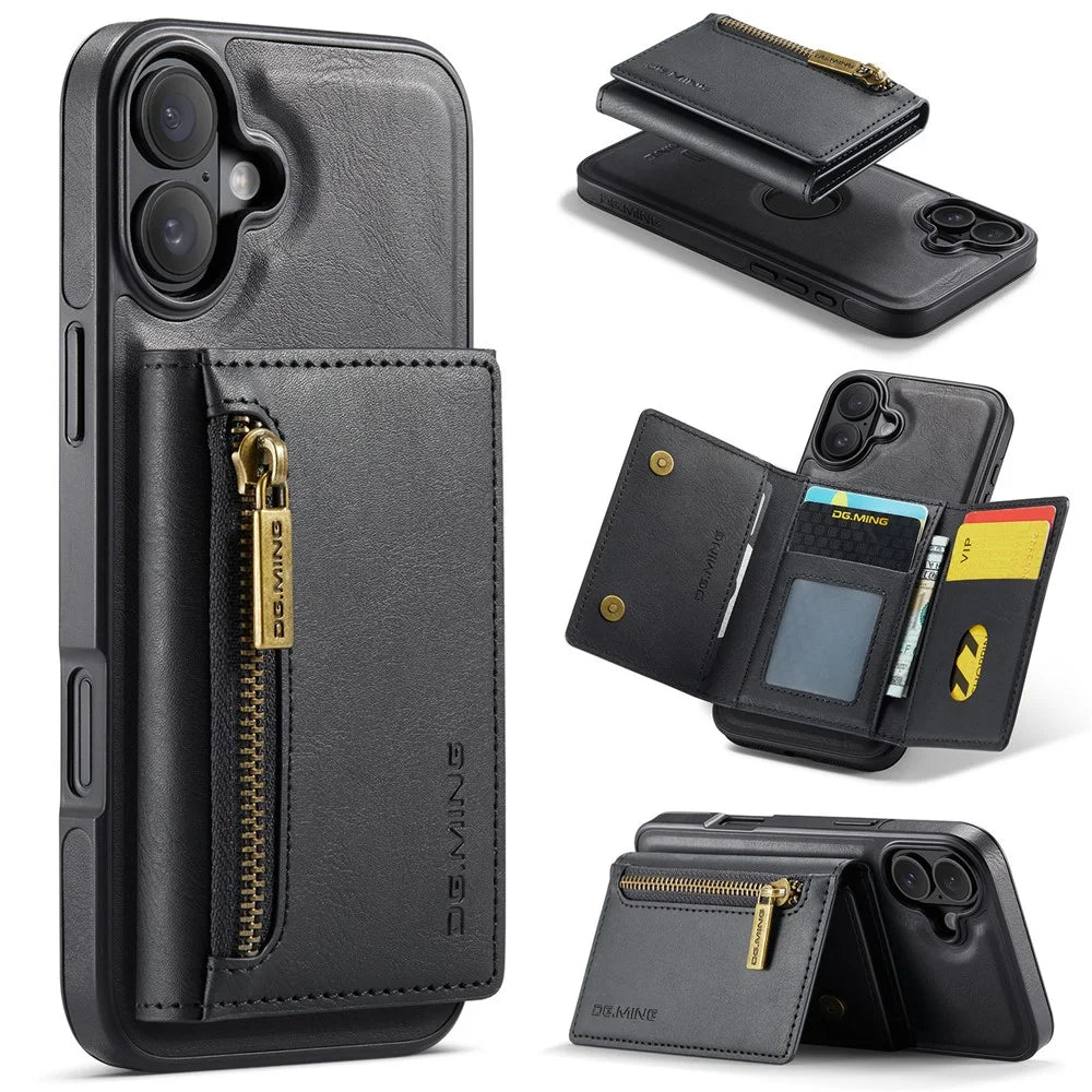 DG.MING M5 Series For iPhone 16 Plus Case Detachable Magnetic Leather Phone Cover with Card Slots - Black - 1