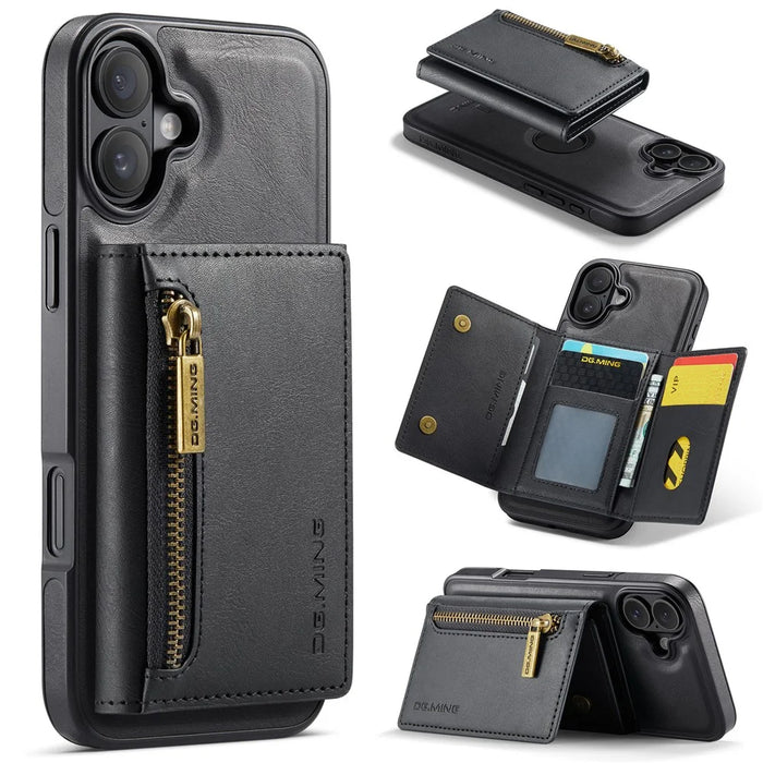 DG.MING M5 Series For iPhone 16 Plus Case Detachable Magnetic Leather Phone Cover with Card Slots - Black - 1