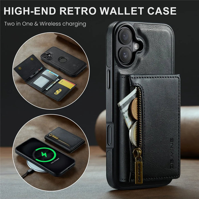 DG.MING M5 Series For iPhone 16 Plus Case Detachable Magnetic Leather Phone Cover with Card Slots - Black - 6