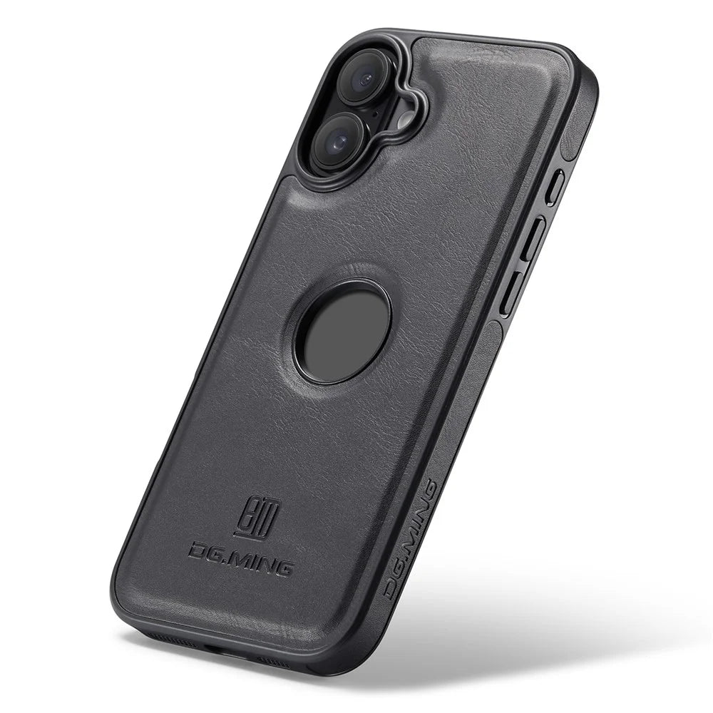 DG.MING For iPhone 16 Case Anti-Drop Leather Coated PC+TPU Phone Back Cover - Black - 5