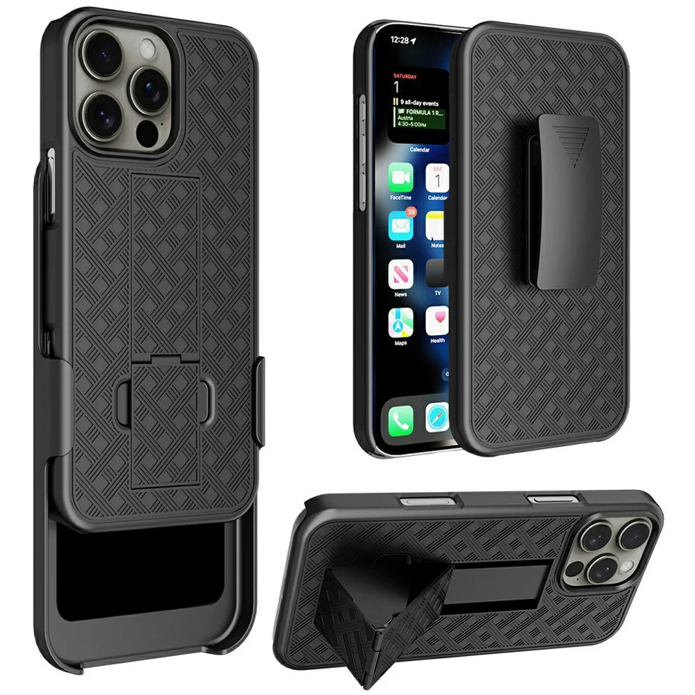 For iPhone 16 Pro Max Case PC+TPU Sliding Screen Cover Kickstand Phone Shell with Clip - 1