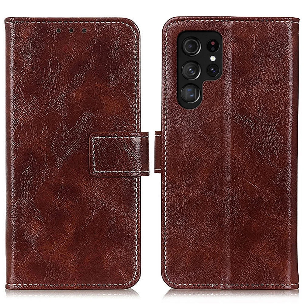 For Samsung Galaxy S25 Ultra Case Crazy Horse Texture Leather Phone Wallet Cover - Brown - 1