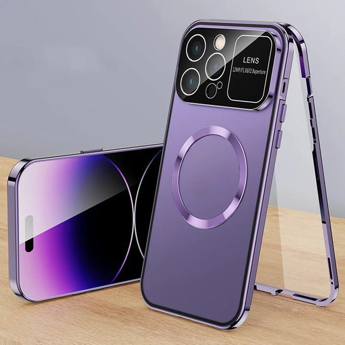 For iPhone 16 Pro Max Case Compatible with MagSafe Double-Sided Tempered Glass+Metal Phone Cover - Dard Purple / HD Clear - 1