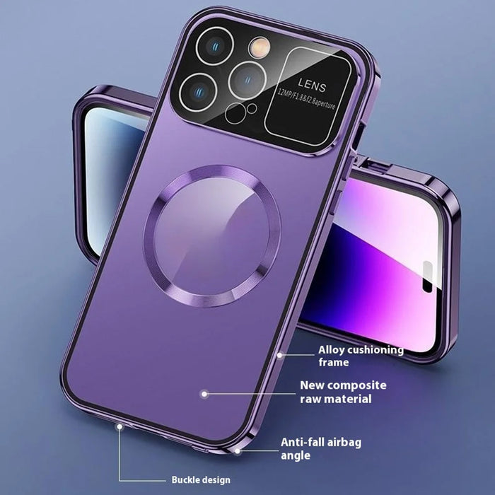 For iPhone 16 Pro Max Case Compatible with MagSafe Double-Sided Tempered Glass+Metal Phone Cover - Dard Purple / HD Clear - 3