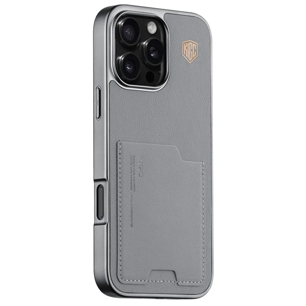KIGC For iPhone 16 Pro Case Leather+PC+TPU Electroplating Phone Cover with Card Holder - Grey - 1