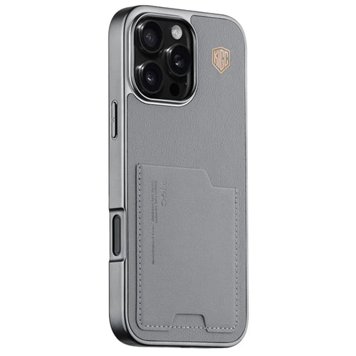 KIGC For iPhone 16 Pro Case Leather+PC+TPU Electroplating Phone Cover with Card Holder - Grey - 1