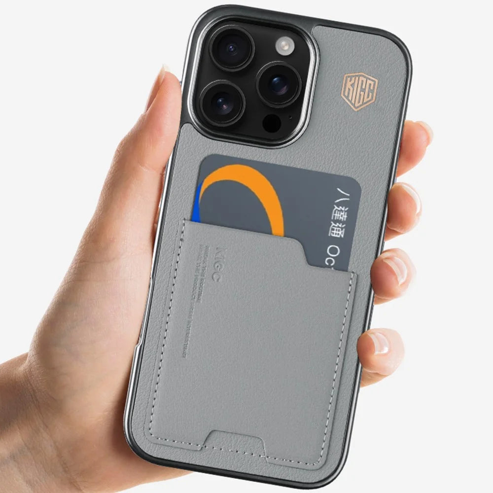 KIGC For iPhone 16 Pro Case Leather+PC+TPU Electroplating Phone Cover with Card Holder - Grey - 5