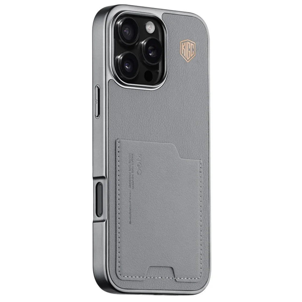 KIGC For iPhone 16 Pro Max Case Leather+PC+TPU Electroplating Phone Cover with Card Holder - Grey - 1