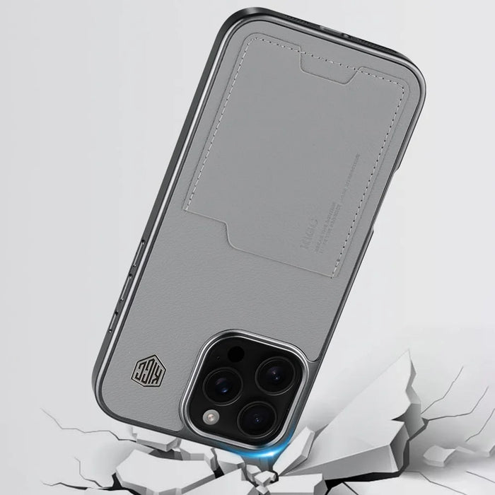 KIGC For iPhone 16 Pro Max Case Leather+PC+TPU Electroplating Phone Cover with Card Holder - Grey - 7