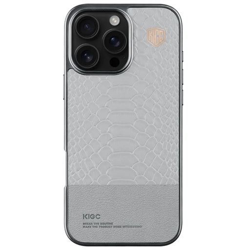 KIGC For iPhone 16 Pro Case Crocodile Texture Leather+PC+TPU Electroplating Phone Cover - Grey - 1