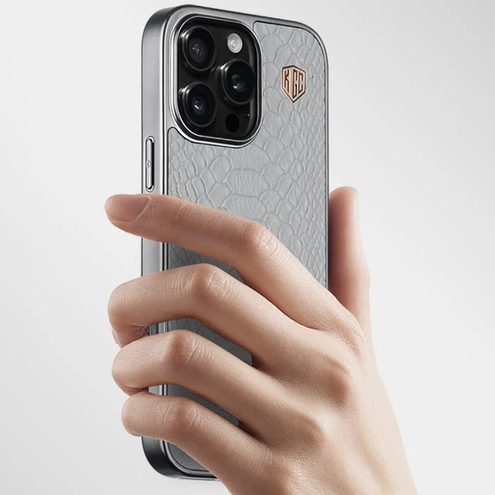 KIGC For iPhone 16 Pro Case Crocodile Texture Leather+PC+TPU Electroplating Phone Cover - Grey - 5
