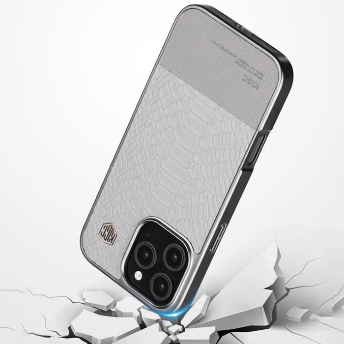 KIGC For iPhone 16 Pro Case Crocodile Texture Leather+PC+TPU Electroplating Phone Cover - Grey - 6
