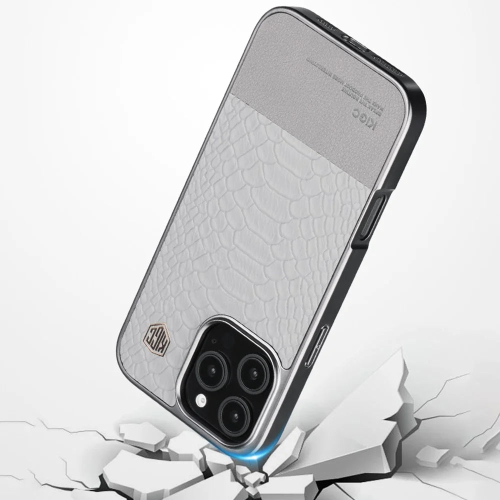 KIGC For iPhone 16 Pro Max Case Crocodile Texture Leather+PC+TPU Electroplating Phone Cover - Grey - 6