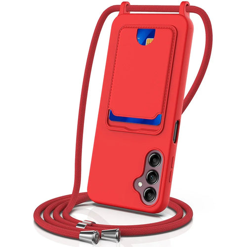 For Samsung Galaxy S24 FE Case Liquid Silicone Card Holder Phone Back Cover with Lanyard - Red - 1
