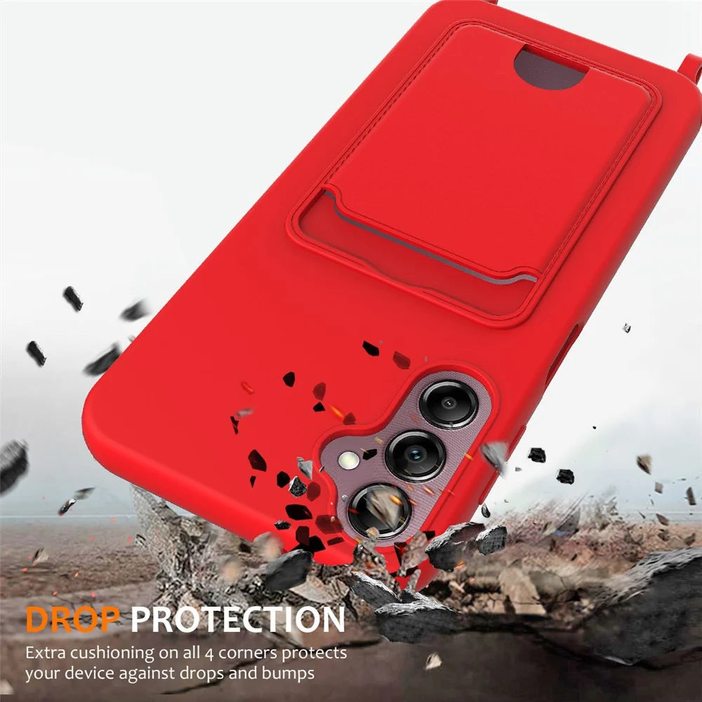 For Samsung Galaxy S24 FE Case Liquid Silicone Card Holder Phone Back Cover with Lanyard - Red - 2