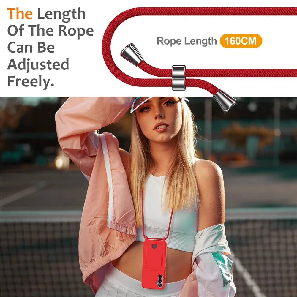 For Samsung Galaxy S24 FE Case Liquid Silicone Card Holder Phone Back Cover with Lanyard - Red - 3