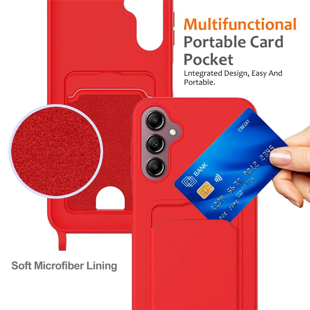 For Samsung Galaxy S24 FE Case Liquid Silicone Card Holder Phone Back Cover with Lanyard - Red - 4
