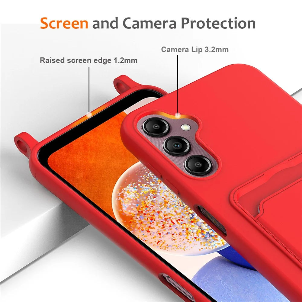 For Samsung Galaxy S24 FE Case Liquid Silicone Card Holder Phone Back Cover with Lanyard - Red - 5