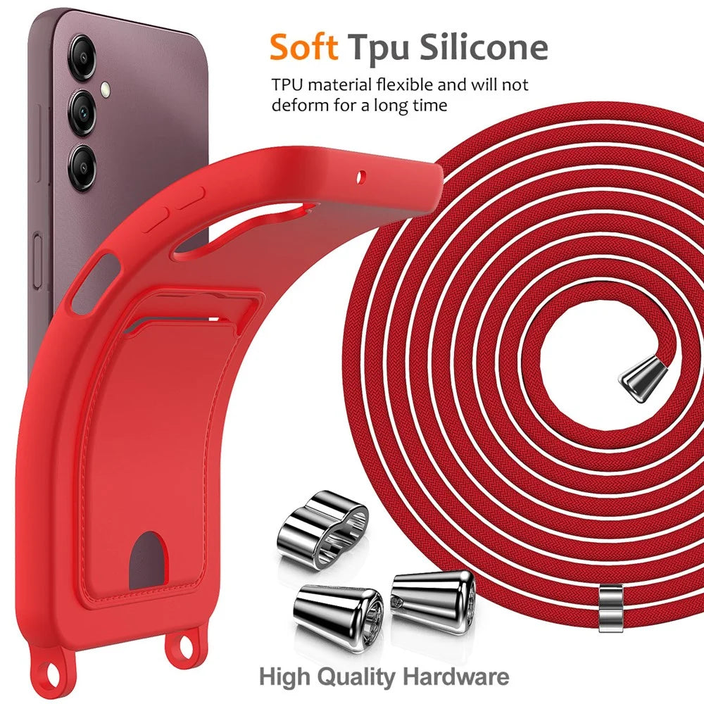 For Samsung Galaxy S24 FE Case Liquid Silicone Card Holder Phone Back Cover with Lanyard - Red - 7
