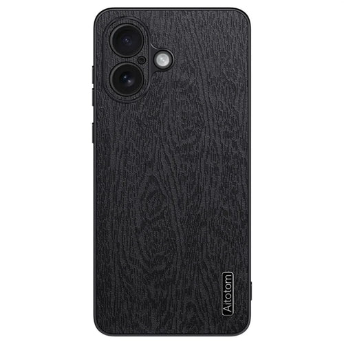 For iPhone 16 Plus Case Wood Texture PU Leather Coated PC+TPU Phone Cover - Black - 1