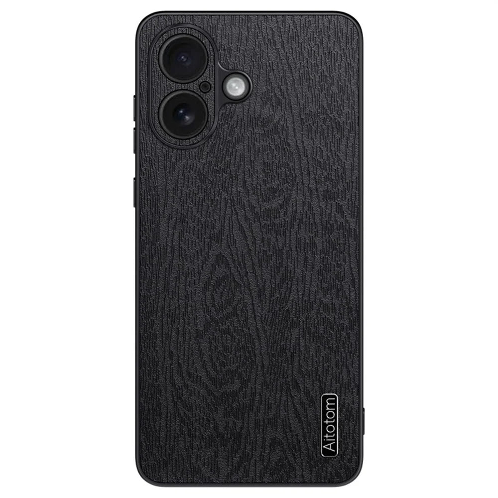 For iPhone 16 Plus Case Wood Texture PU Leather Coated PC+TPU Phone Cover - Black - 1