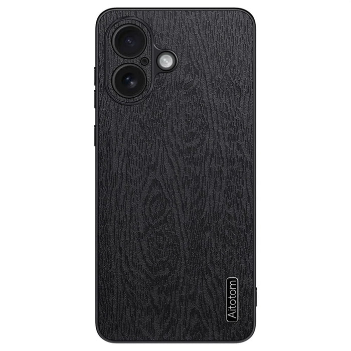For iPhone 16 Plus Case Wood Texture PU Leather Coated PC+TPU Phone Cover - Black - 1