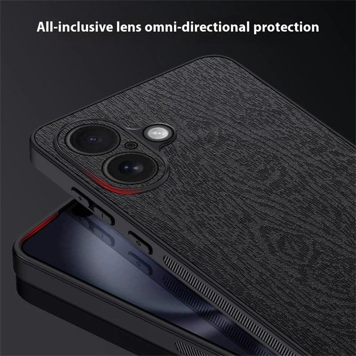 For iPhone 16 Plus Case Wood Texture PU Leather Coated PC+TPU Phone Cover - Black - 2