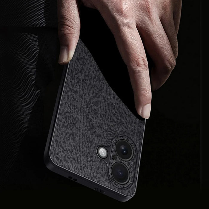 For iPhone 16 Plus Case Wood Texture PU Leather Coated PC+TPU Phone Cover - Black - 4