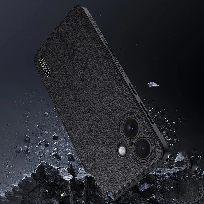 For iPhone 16 Plus Case Wood Texture PU Leather Coated PC+TPU Phone Cover - Black - 5