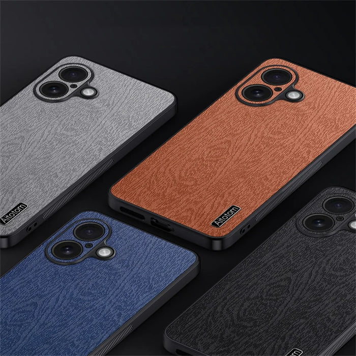 For iPhone 16 Plus Case Wood Texture PU Leather Coated PC+TPU Phone Cover - Black - 7