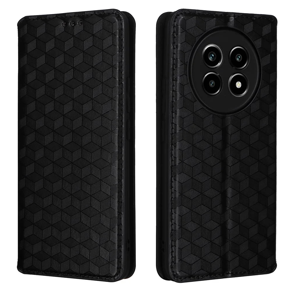 For Realme 13+ 5G / 13 Pro 5G (China) Wallet Case Rhombus Imprinted Leather Phone Cover - Black - 1