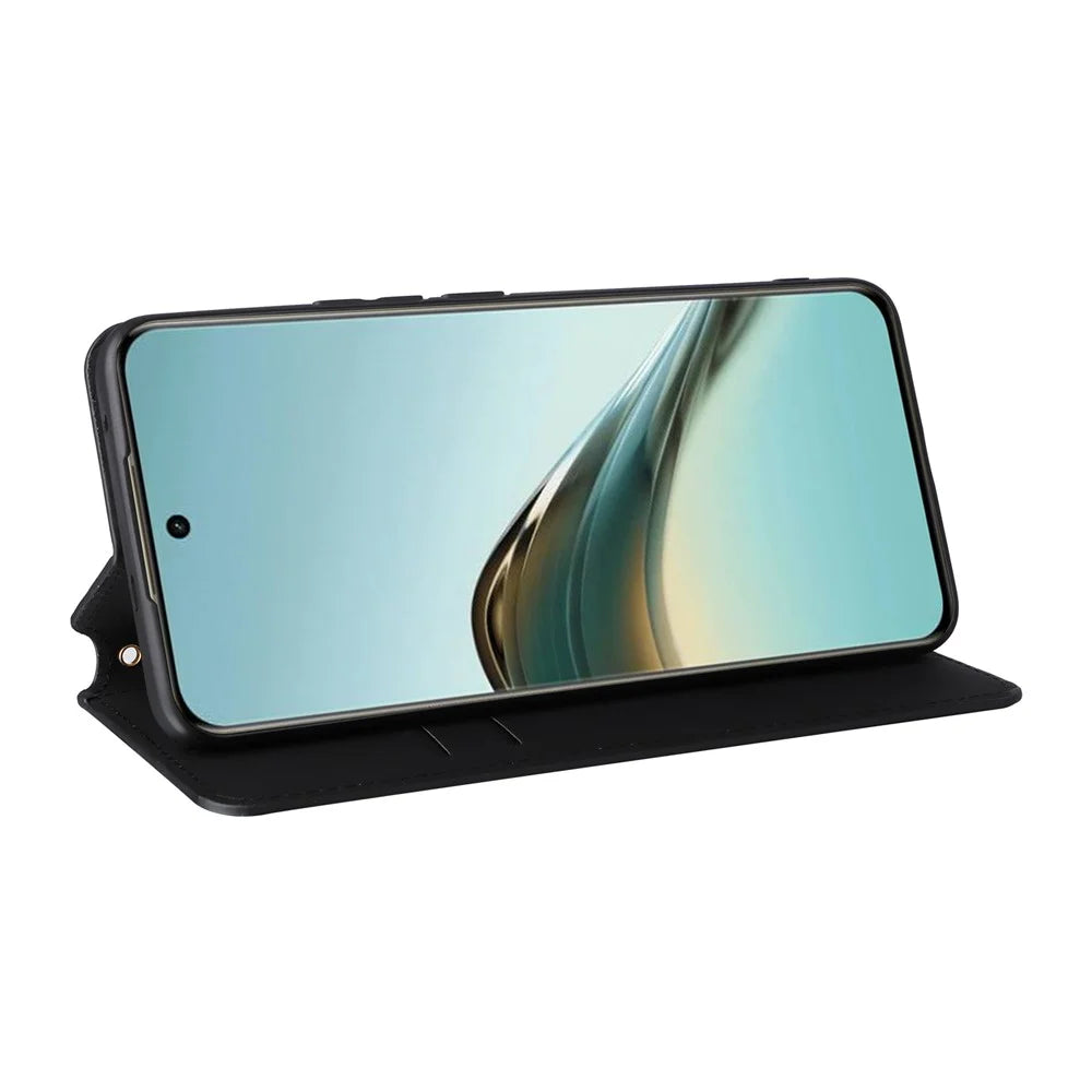 For Realme 13+ 5G / 13 Pro 5G (China) Wallet Case Rhombus Imprinted Leather Phone Cover - Black - 3