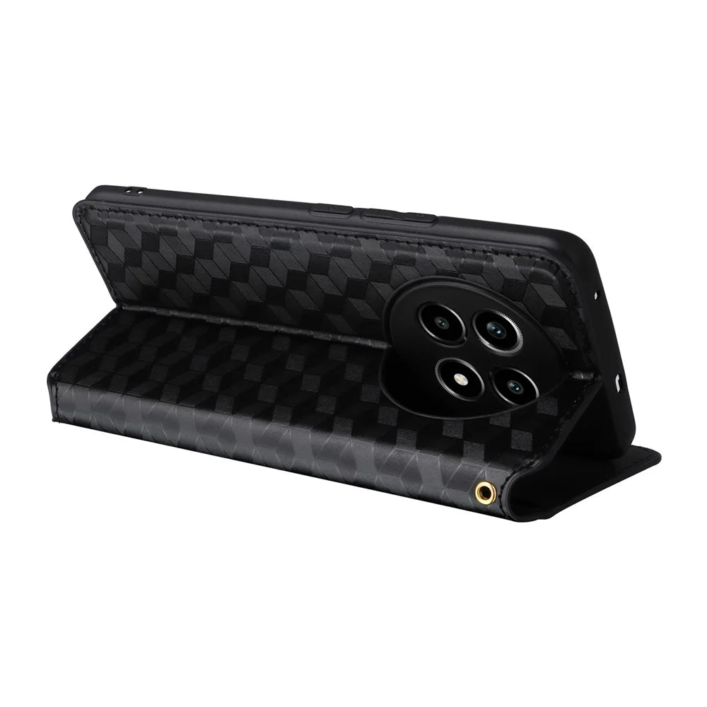 For Realme 13+ 5G / 13 Pro 5G (China) Wallet Case Rhombus Imprinted Leather Phone Cover - Black - 4