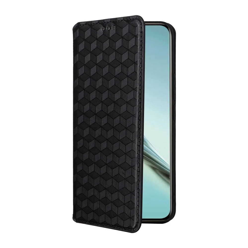 For Realme 13+ 5G / 13 Pro 5G (China) Wallet Case Rhombus Imprinted Leather Phone Cover - Black - 5