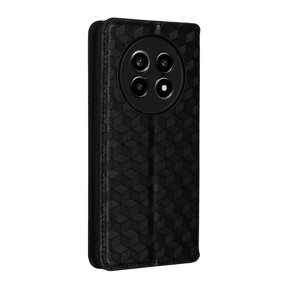 For Realme 13+ 5G / 13 Pro 5G (China) Wallet Case Rhombus Imprinted Leather Phone Cover - Black - 6