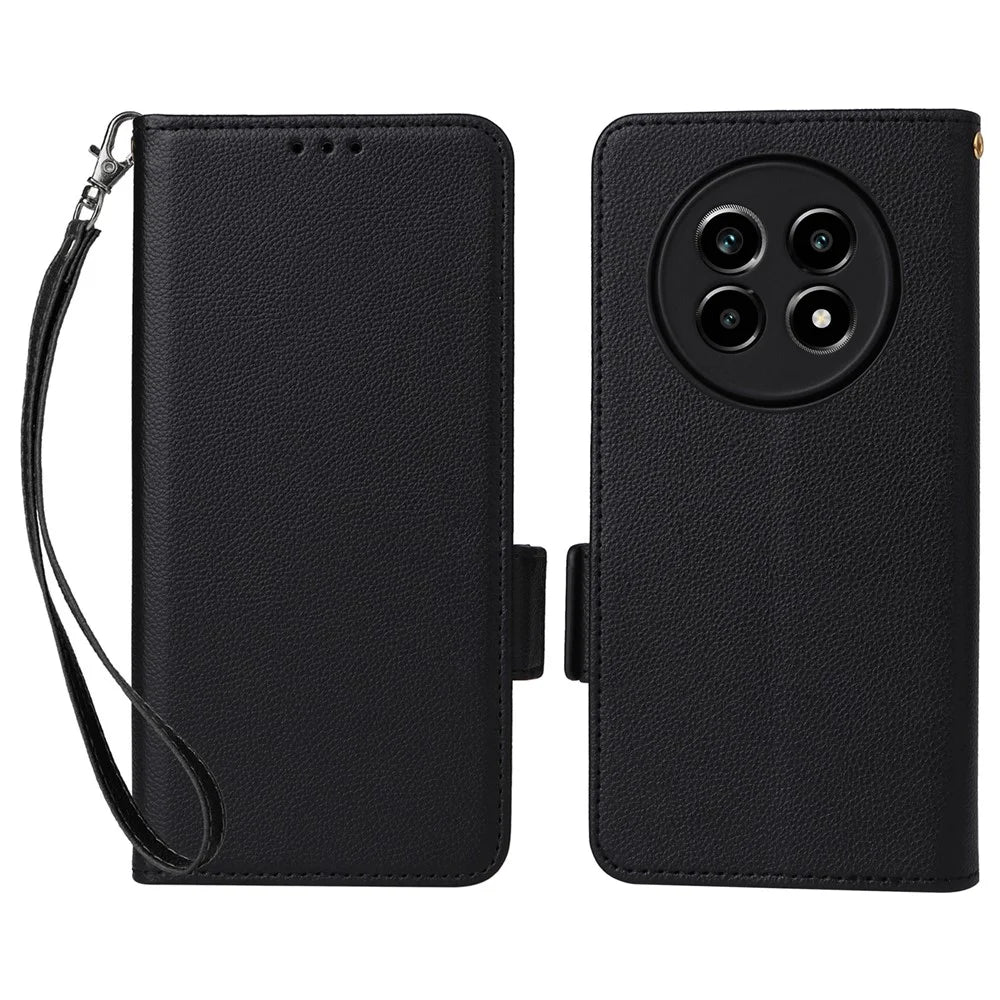 For Realme 13+ 5G / 13 Pro 5G (China) Case with Wrist Strap Litchi Texture PU Leather Wallet Phone Cover - Black - 1