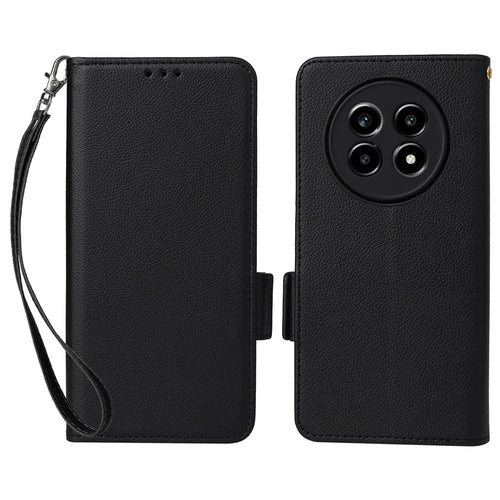 For Realme 13+ 5G / 13 Pro 5G (China) Case with Wrist Strap Litchi Texture PU Leather Wallet Phone Cover - Black - 1
