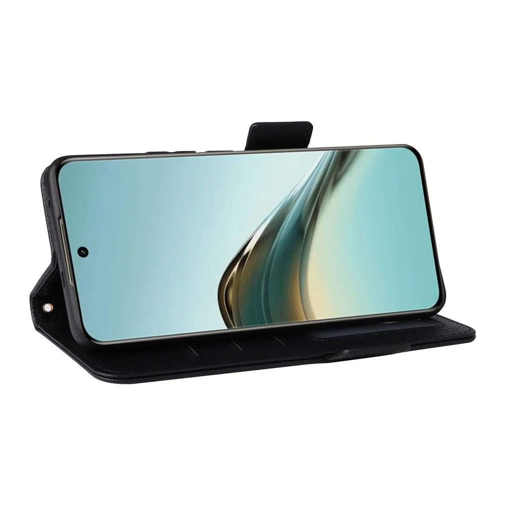 For Realme 13+ 5G / 13 Pro 5G (China) Case with Wrist Strap Litchi Texture PU Leather Wallet Phone Cover - Black - 3