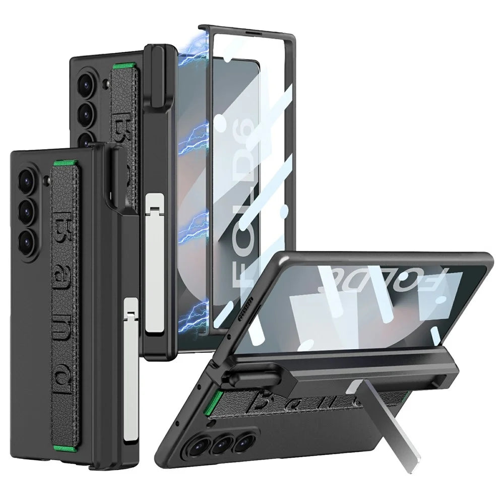 GKK For Samsung Galaxy Z Fold6 5G Case Magnetic Hinge Wristband PC Phone Cover with Screen Film, Pencil Slot - Black - 1