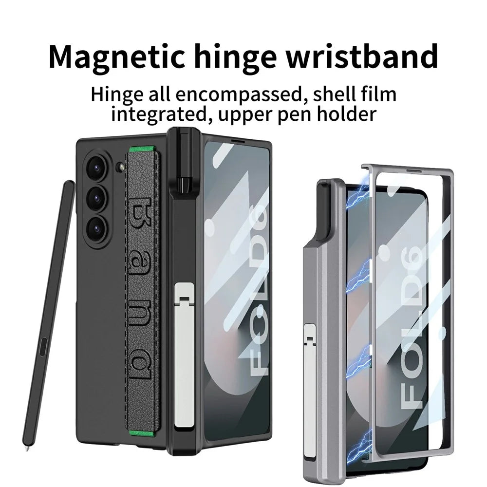GKK For Samsung Galaxy Z Fold6 5G Case Magnetic Hinge Wristband PC Phone Cover with Screen Film, Pencil Slot - Black - 2