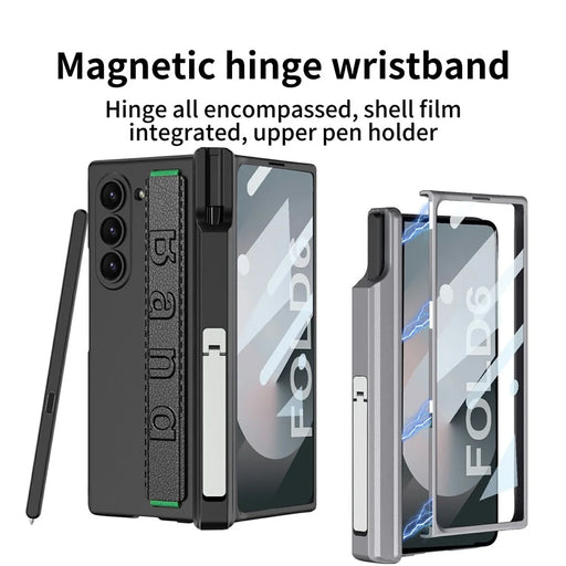 GKK For Samsung Galaxy Z Fold6 5G Case Magnetic Hinge Wristband PC Phone Cover with Screen Film, Pencil Slot - Black - 2