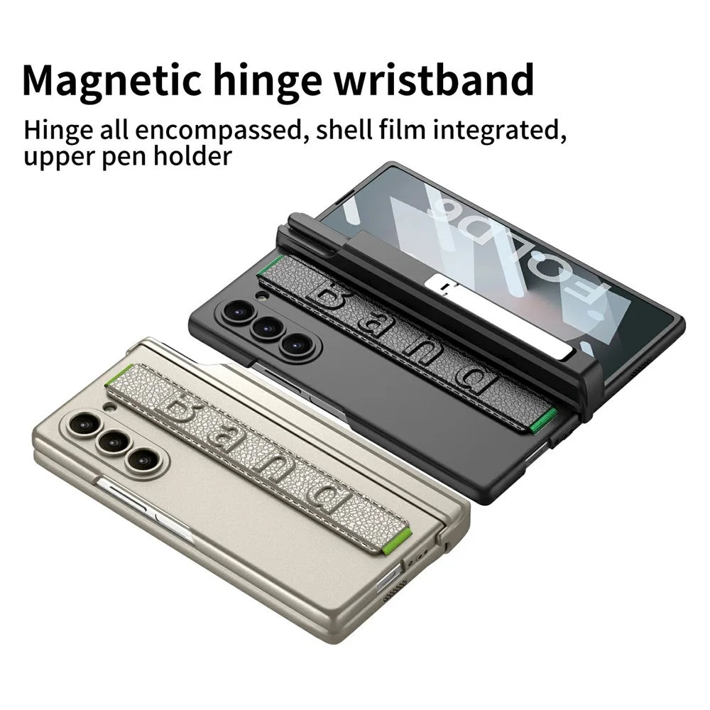 GKK For Samsung Galaxy Z Fold6 5G Case Magnetic Hinge Wristband PC Phone Cover with Screen Film, Pencil Slot - Black - 5