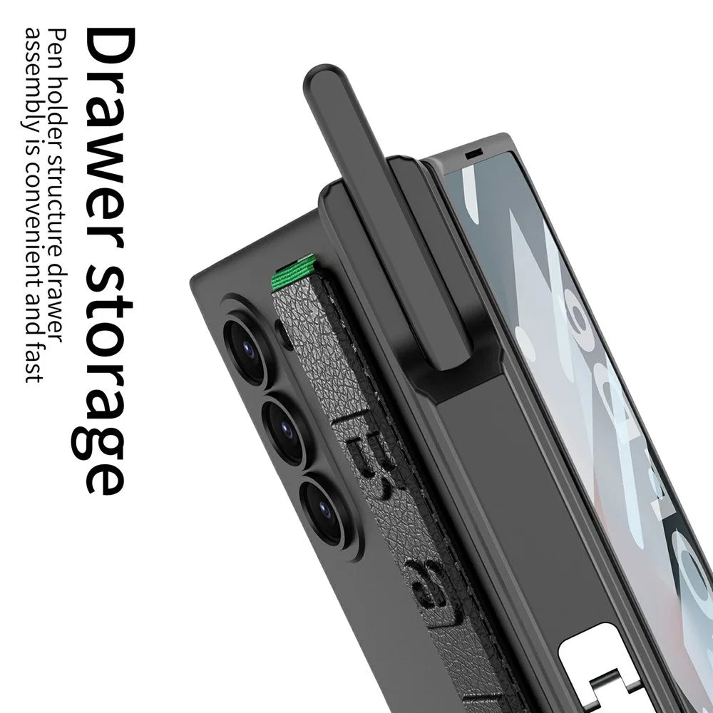 GKK For Samsung Galaxy Z Fold6 5G Case Magnetic Hinge Wristband PC Phone Cover with Screen Film, Pencil Slot - Black - 7