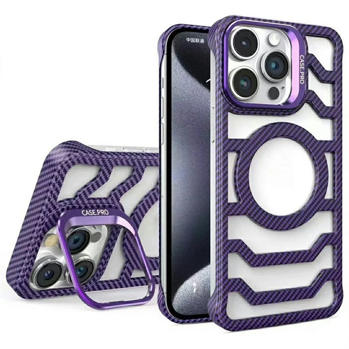 For iPhone 15 Pro Case Compatible with MagSafe Frameless Kickstand PC Phone Cover Carbon Fiber Texture - Purple - 1