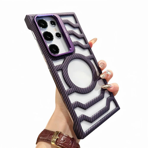 For Samsung Galaxy S24 Ultra Magnetic Case Frameless Kickstand PC Phone Cover Carbon Fiber Texture - Purple - 1